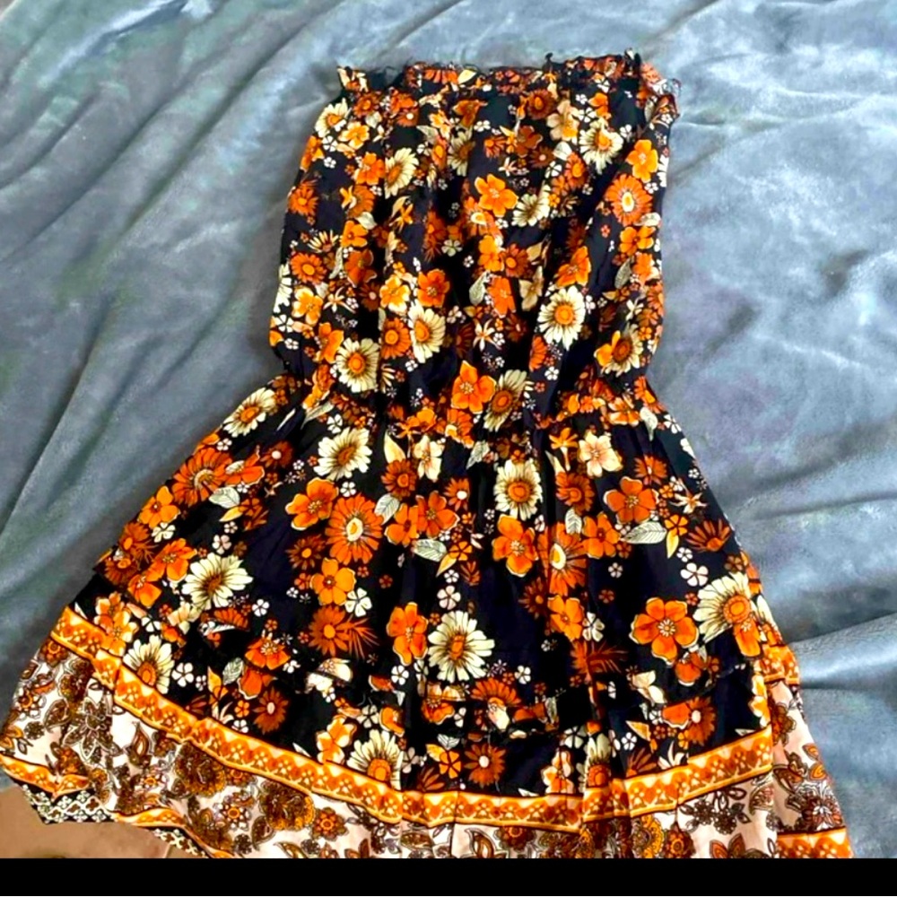 Floral Print Tube, Orange, Black, Country Western, Boho Hippie Dress, Sz XL - Picture 5 of 5
